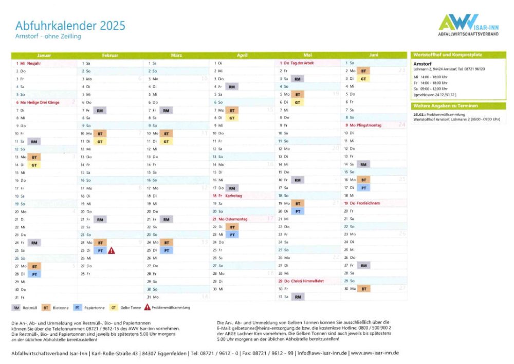 Abfuhrkalender für 2025 liegen im Rathaus aus!- Markt Arnstorf
